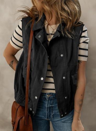 Womens Vests 2025 Fall Outerwear Button-Down Lapel Collar Elastic Hem Sleeveless Jacket Cargo Vest