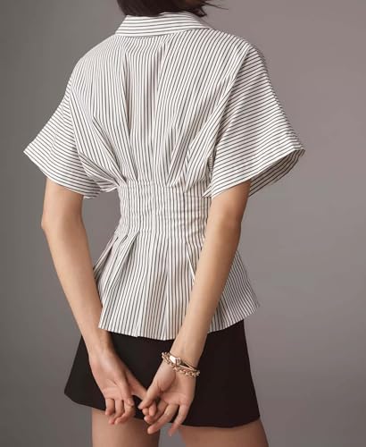 41ndVfaZLoL.jpg Striped Button Down Shirts for Women Short Sleeve Pleated Corset Blouse Casual Summer Peplum Dressy Tops