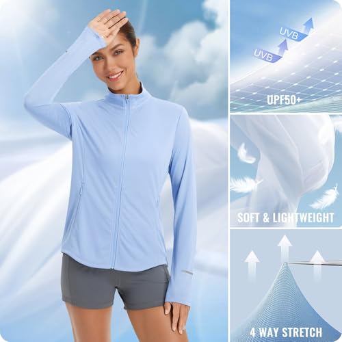 Women's Lightweight Running Jacket Sun Protection Athletic Full Zip Long Sleeve Shirts UPF 50+ Pockets Cycling