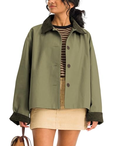 41omNbrkFpL.jpg Womens Contrast Collar Jacket Casual Button Down Long Sleeves Crop Trench Coat Outerwear with Pockets