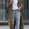 41pESzjFf6L.jpg Women's Notch Lapel Leopard Print Duster Trench Coat Open Front Loose Faux Suede Mid Long Pea Coat