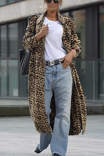 41pESzjFf6L.jpg Women's Notch Lapel Leopard Print Duster Trench Coat Open Front Loose Faux Suede Mid Long Pea Coat