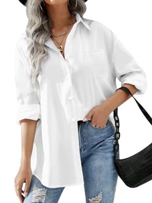 Women Oversized Button Down Shirts Office Drop Shoulder Blouse Long Sleeve Boyfriend Dress Shirt with Pockets