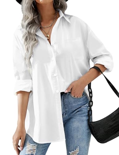 Women Oversized Button Down Shirts Office Drop Shoulder Blouse Long Sleeve Boyfriend Dress Shirt with Pockets