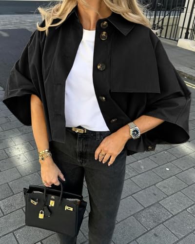 41qc95nYJZL.jpg Womens Oversized Cropped Trench Coats Single Breasted 3/4 Cape Sleeve Trendy Casual Jackets Button up Outerwear