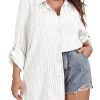 41rqWe02mBL.jpg Women Plus Size Button Down Shirts Long Roll Up Sleeve V Neck Collared Casual Blouses Oversized Shirt Tops
