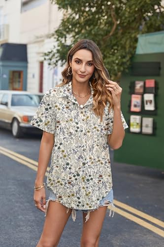 41sGNlbcWdL.jpg Cotton Linen Button Down Shirt for Women V Neck Collared Blouse Casual Short Sleeve Tops with Pocket