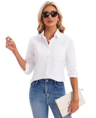 Womens Button Down Shirts Long Sleeve Collared Office Work Blouses Tops with Pocket Oxford Shirts