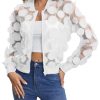 Women's Sheer Mesh Zip Up Bomber Jacket Long Sleeve Baseball Collar Outwear Tops