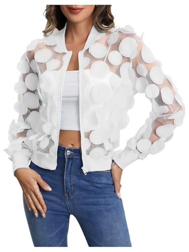 Women's Sheer Mesh Zip Up Bomber Jacket Long Sleeve Baseball Collar Outwear Tops