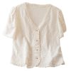 41tE3oSKhhL.jpg Women's Floral Embroidered Button Down Blouse Frill Trim Short Puff Sleeve V Neck Vacation Shirts