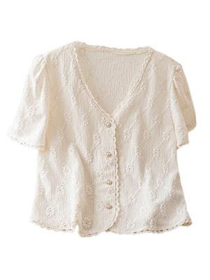 Women's Floral Embroidered Button Down Blouse Frill Trim Short Puff Sleeve V Neck Vacation Shirts