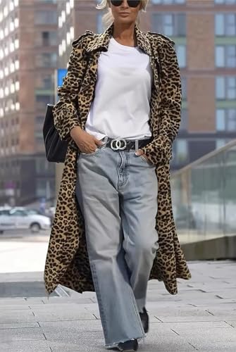 41tIfV-4fL.jpg Women's Notch Lapel Leopard Print Duster Trench Coat Open Front Loose Faux Suede Mid Long Pea Coat