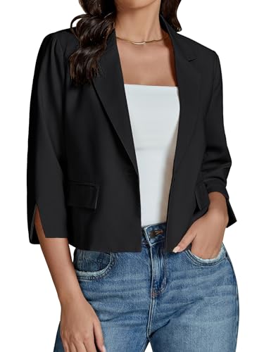 Linen Blazers for Women Business Casual Cropped 3/4 Sleeve Lightweight Lined Work Office Suit Blazer Jackets