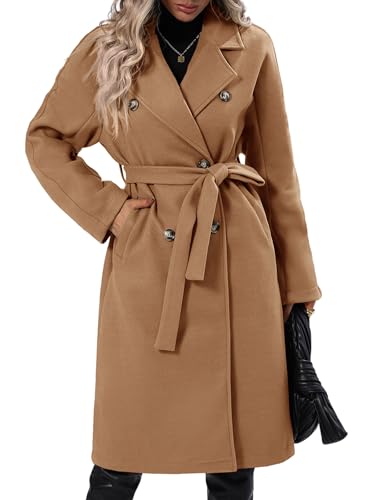 41v0gMAtRyL.jpg Women Elegant Wool Pea Coat Lapel Collar Double Breasted Mid-Long Winter Overcoats with Belted Pockets