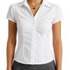 Women's Pleated Bust Button Down Shirt Tie Back Fitted Short Sleeve Blouse Casual Tops