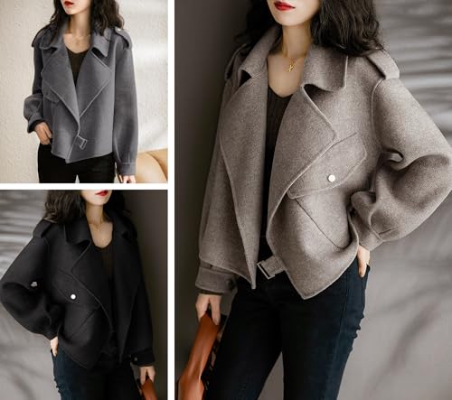 41vORB0LzAL.jpg Women Cropped Wool Coats Notched Lapel Pea Coat Open Front Trench Overcoat Jackets with Pockets