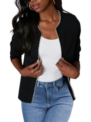 Women Lightweight Open Front Sweater Cardigan Pearls Trim Knit Jacket Trendy Long Sleeve Clothes Coatigan