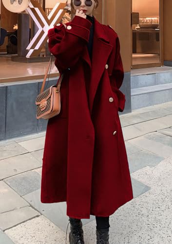 Women's Winter Double Breasted Midi Long Wool Pea Coat Notch Lapel Winter Trench Coat