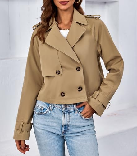 41wiWZRUUXL.jpg Womens Cropped Trench Coat Lapel Double Breasted Short Jacket Outwear