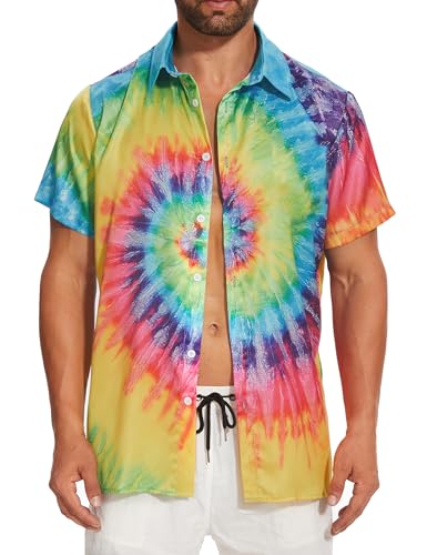 Vintage Shirts for Men Tie Dye Hippie Funny Hawaiian Shirt Button Down Shirts