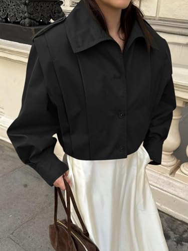 Womens Cropped Trench Coats Pleated Button Down Short Jackets Fall Casual Lapel Loose Fit Outerwears