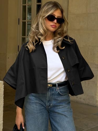 41yU5-WfYJL.jpg Womens Oversized Cropped Trench Coats Single Breasted 3/4 Cape Sleeve Trendy Casual Jackets Button up Outerwear