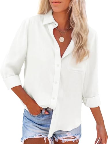 41ymlQ-WVnL.jpg Womens Button Down Shirts Cotton Linen Long Sleeve Dress Shirts Casual Summer Tops Work Blouses with Pockets