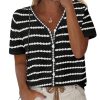 Women's Short Sleeve Sweater Spring Summer Crochet Knit Tops 2025 V Neck Striped Button Down Dressy Casual Blouses