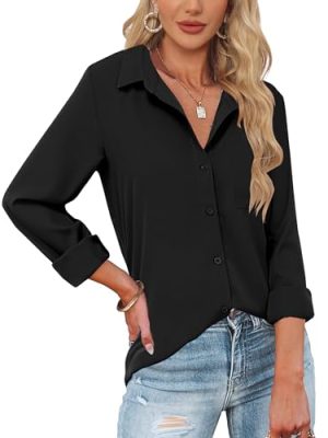 Womens Button Down Shirts Long Sleeve Dress Shirts Casual V Neck Collared Tops Work Office Blouse with Pocket