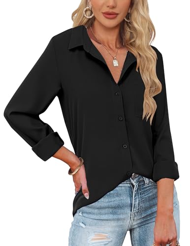 Womens Button Down Shirts Long Sleeve Dress Shirts Casual V Neck Collared Tops Work Office Blouse with Pocket