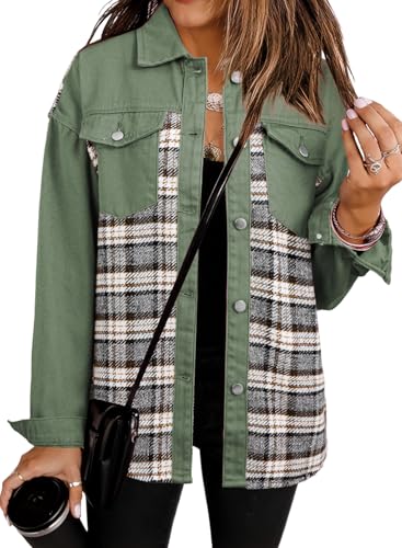 Womens Oversized Denim Jacket Casual Long Sleeve Button Down Plaid Shacket Boyfriend Jean Jacket With Pockets