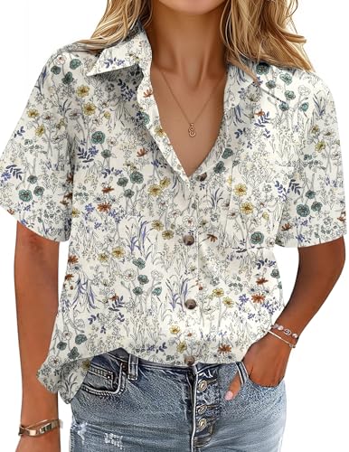 51-rymwZhkL.jpg Cotton Linen Button Down Shirt for Women V Neck Collared Blouse Casual Short Sleeve Tops with Pocket