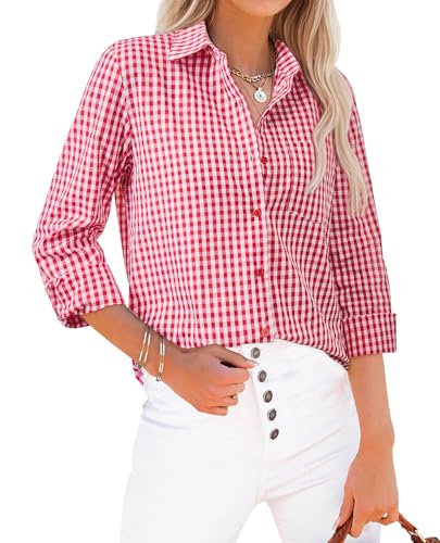 Button Down Shirts for Women Gingham Top Plaid Long Sleeve Dress Shirts Cotton Fitted Casual Work Collared Blouse