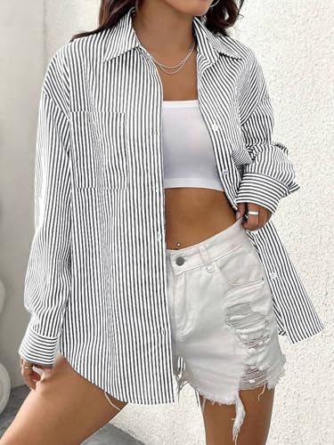 510jJsii01L.jpg Womens Button Down Shirts Stripe Long Sleeve Blouse Casual Work Office Shirt Oversize Tops