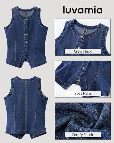 510uq576hcL.jpg Denim Vest for Women Sleeveless Strechy Jean Vest Top Button Down Crewneck Casual Summer Western Waistcoat