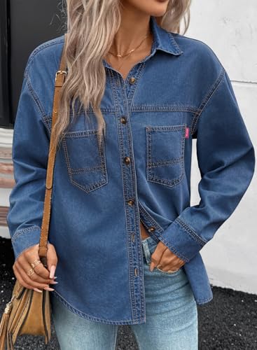 511m7cKo-mL.jpg Women Denim Shirts Oversized Long Sleeve Button Down Blouse V Neck Casual Top Shackets