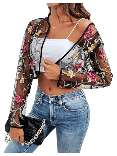 Women's Floral Embroidered Open Front Crop Jackets Long Sleeve Mesh Summer Cardigan Tops