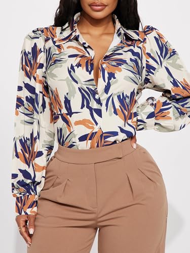 Women's Printed Button Down Shirts Long Sleeve Blouse with Classic Collar, Casual and Office Wear Tops