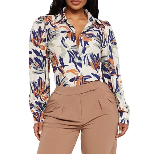 Women's Printed Button Down Shirts Long Sleeve Blouse with Classic Collar, Casual and Office Wear Tops