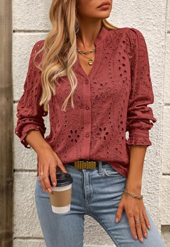516-b2TdrpL.jpg Women's Fall Fashion Long Sleeve Shirts Button Down Dressy Casual Blouses V Neck Eyelet Embroidery Hollow Out Tops
