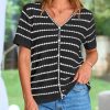 Women's Short Sleeve Sweater Spring Summer Crochet Knit Tops 2025 V Neck Striped Button Down Dressy Casual Blouses