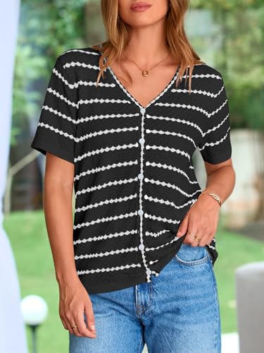 Women's Short Sleeve Sweater Spring Summer Crochet Knit Tops 2025 V Neck Striped Button Down Dressy Casual Blouses