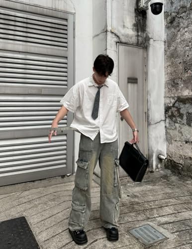 517f69ojxQL.jpg Button Down Shirts Oversized Unisex Plaid Tie Short Sleeve Shirt Casual Streetwear Summer Tops