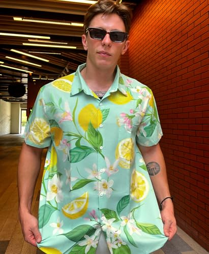 Men's Floral Bird Print Button-Down Shirt, Short Sleeve, White with Blue Pattern, Regular Fit