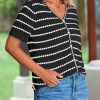 Women's Short Sleeve Sweater Spring Summer Crochet Knit Tops 2025 V Neck Striped Button Down Dressy Casual Blouses