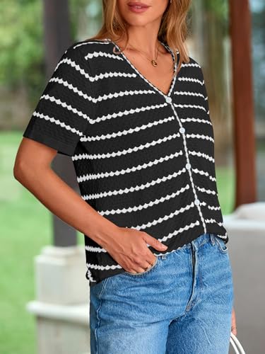 Women's Short Sleeve Sweater Spring Summer Crochet Knit Tops 2025 V Neck Striped Button Down Dressy Casual Blouses