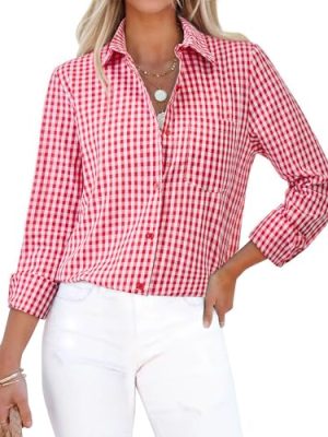 Button Down Shirts for Women Gingham Top Plaid Long Sleeve Dress Shirts Cotton Fitted Casual Work Collared Blouse
