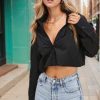 Womens Button Down Cropped Shirts Long Sleeve V Neck Solid Tops Casual Collared Blouse with Chest Pocket XS-XXL