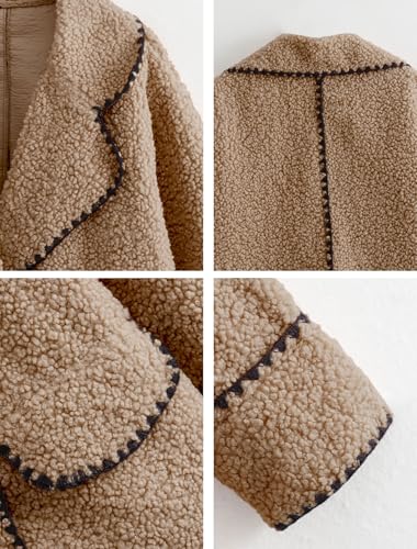 Women's Winter Casual Embroidered Sherpa Jacket Notch Lapel Fuzzy Faux Fur Fleece Jacket Coat